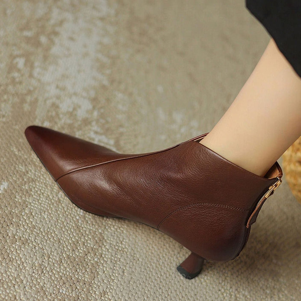 Women's Pointed-Toe Kitten-Heel Side-Zip Ankle Booties - Brown