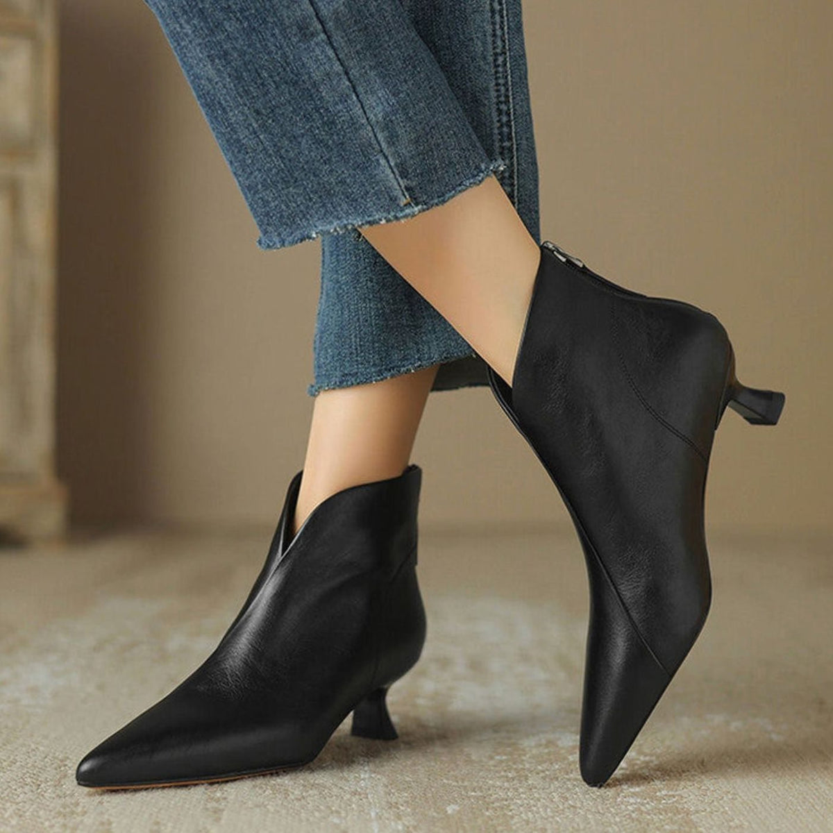 Women's Pointed-Toe Kitten-Heel Side-Zip Ankle Booties - Black