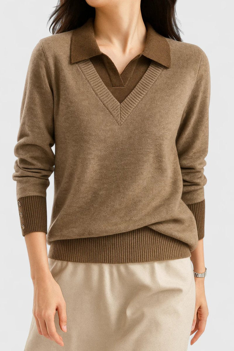 Women's Polo-Collar V-Neck Knit Pullover Sweater Button Cuff - Brown