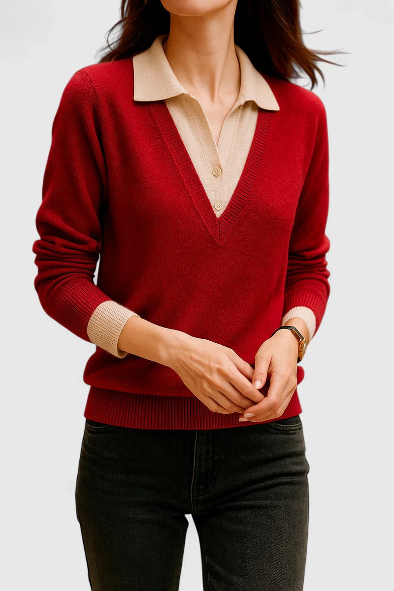Women's Polo-Collar V-Neck Knit Pullover Sweater Button Cuff