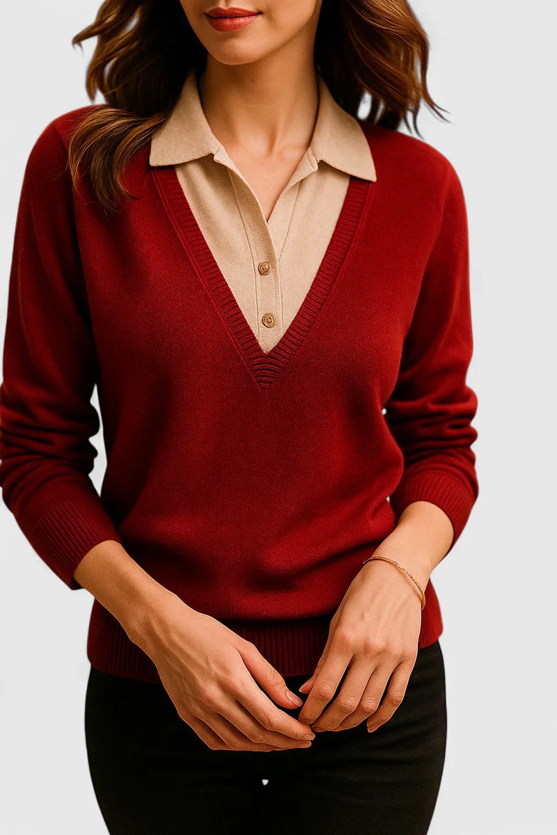 Women's Polo-Collar V-Neck Knit Pullover Sweater Button Cuff