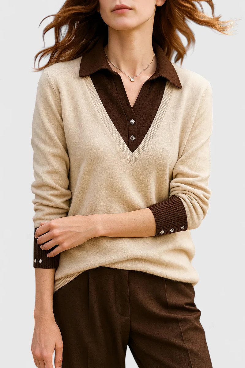 Women's Polo-Collar V-Neck Knit Pullover Sweater Button Cuff