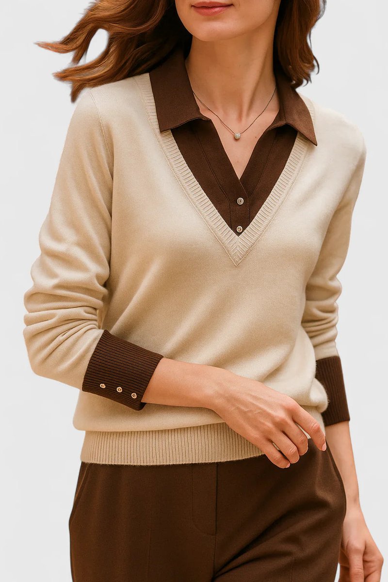 Women's Polo-Collar V-Neck Knit Pullover Sweater Button Cuff