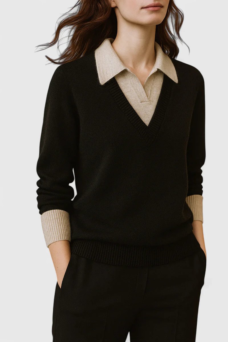 Women's Polo-Collar V-Neck Knit Pullover Sweater Button Cuff