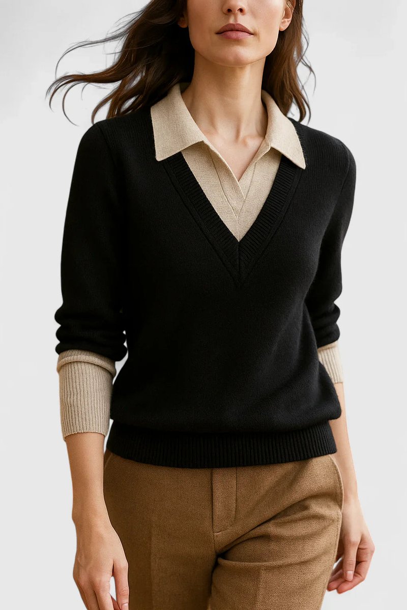Women's Polo-Collar V-Neck Knit Pullover Sweater Button Cuff