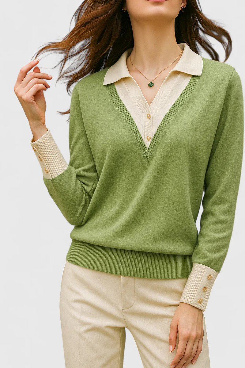 Women's Polo-Collar V-Neck Knit Pullover Sweater Button Cuff