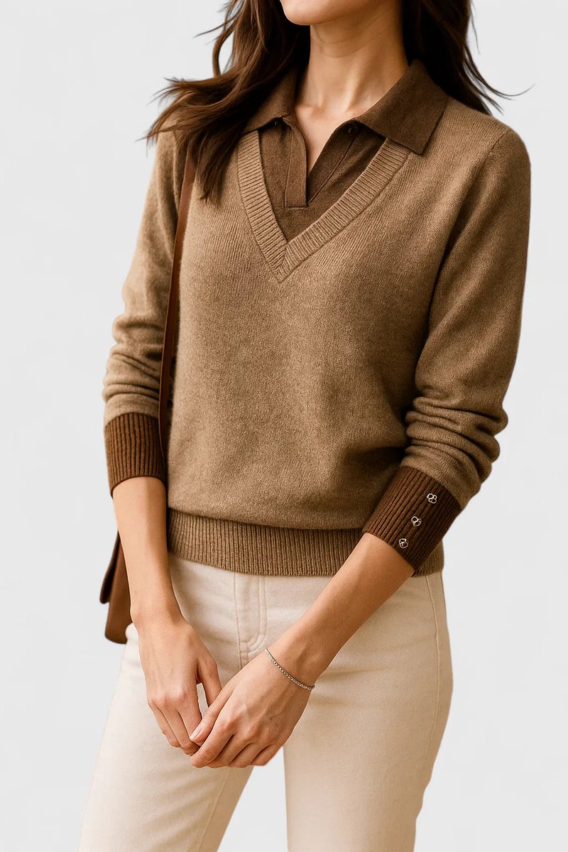 Women's Polo-Collar V-Neck Knit Pullover Sweater Button Cuff