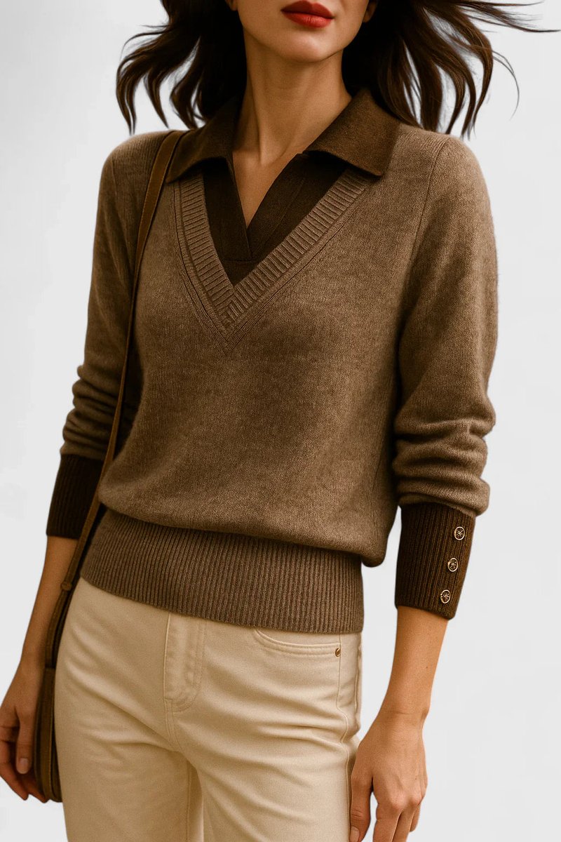 Women's Polo-Collar V-Neck Knit Pullover Sweater Button Cuff