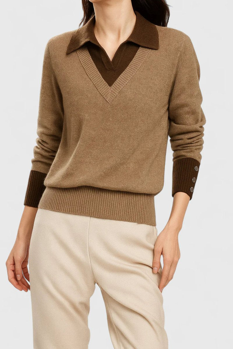 Women's Polo-Collar V-Neck Knit Pullover Sweater Button Cuff