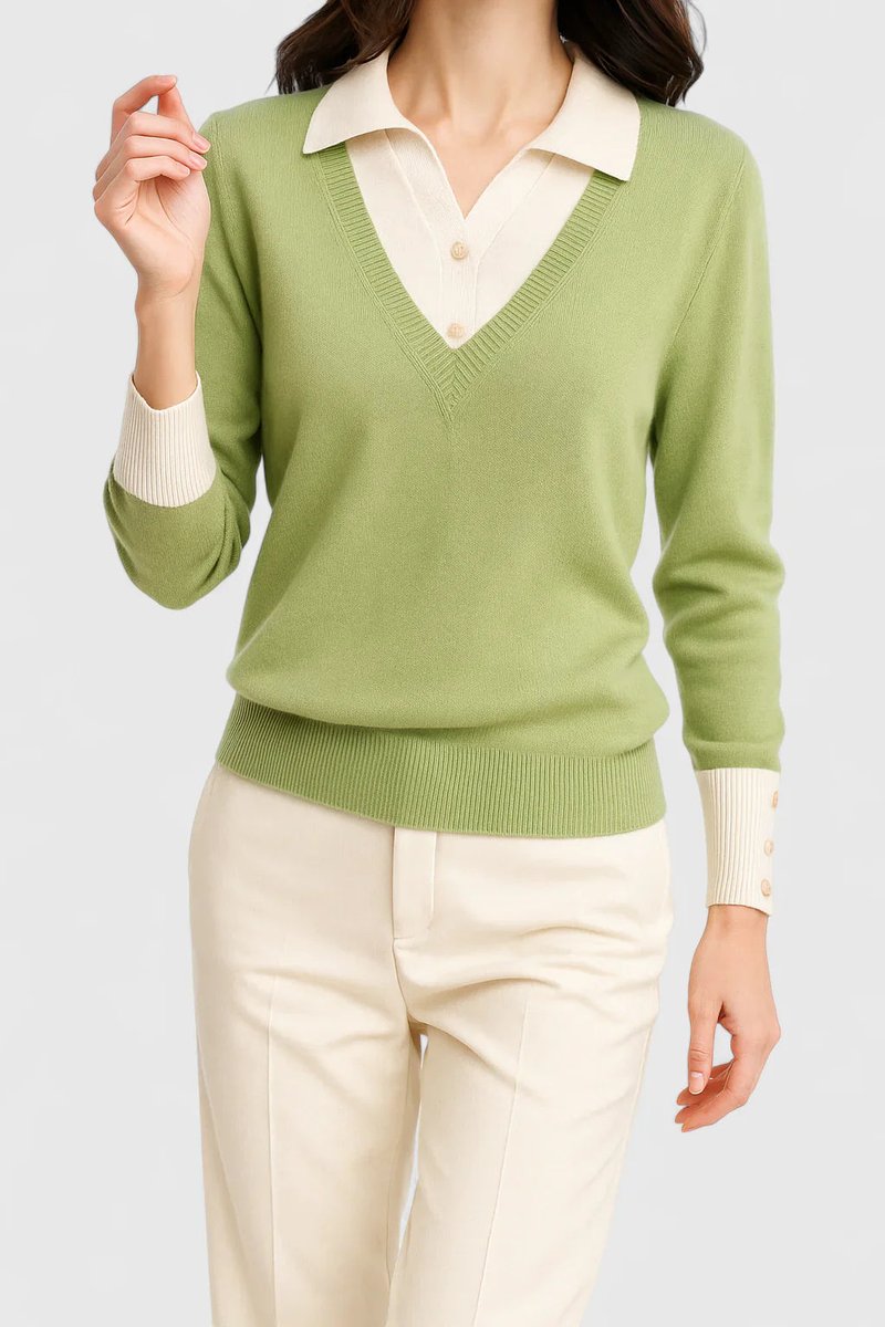 Women's Polo-Collar V-Neck Knit Pullover Sweater Button Cuff - Lime