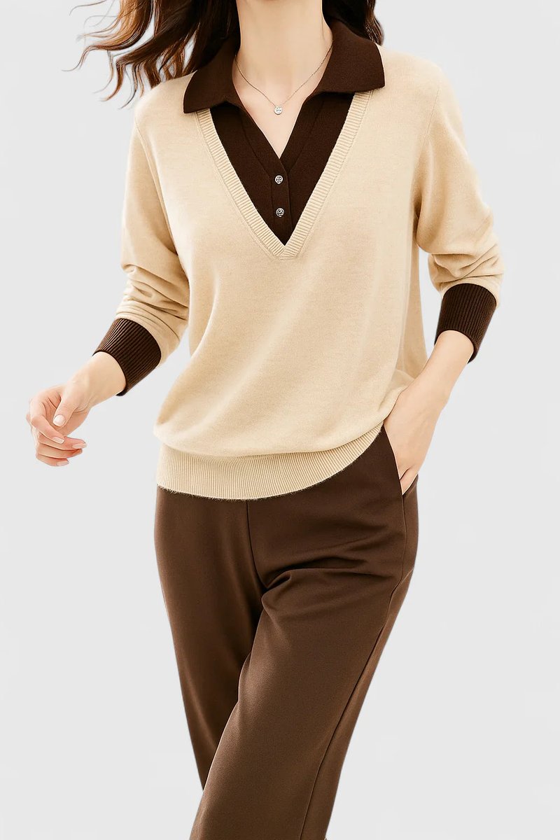 Women's Polo-Collar V-Neck Knit Pullover Sweater Button Cuff - Beige