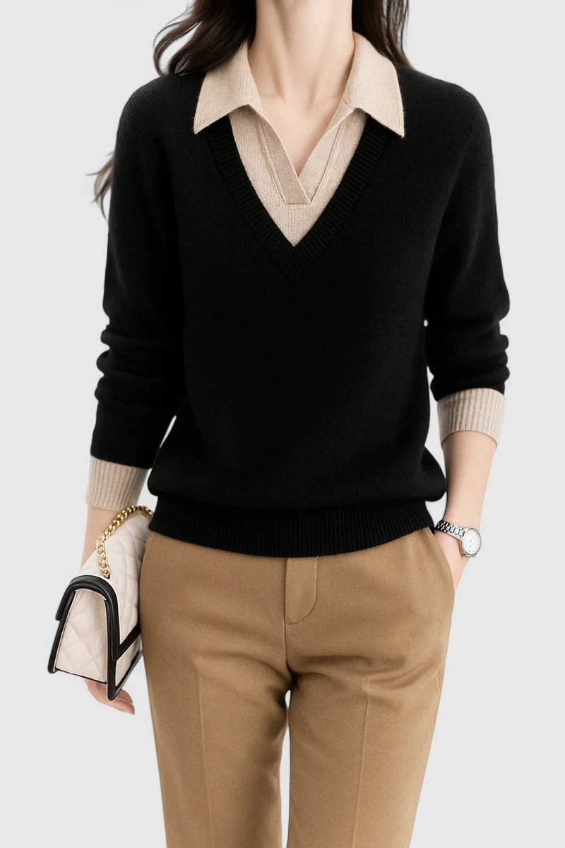 Women's Polo-Collar V-Neck Knit Pullover Sweater Button Cuff - Black
