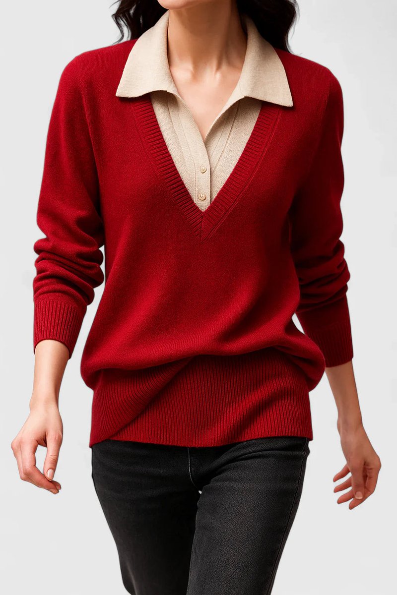 Women's Polo-Collar V-Neck Knit Pullover Sweater Button Cuff