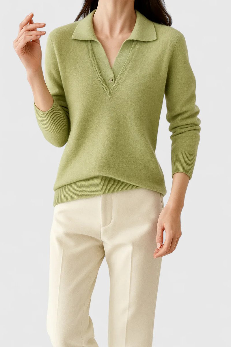 Women's Polo-Collar V-Neck Knit Pullover Sweater Button Cuff