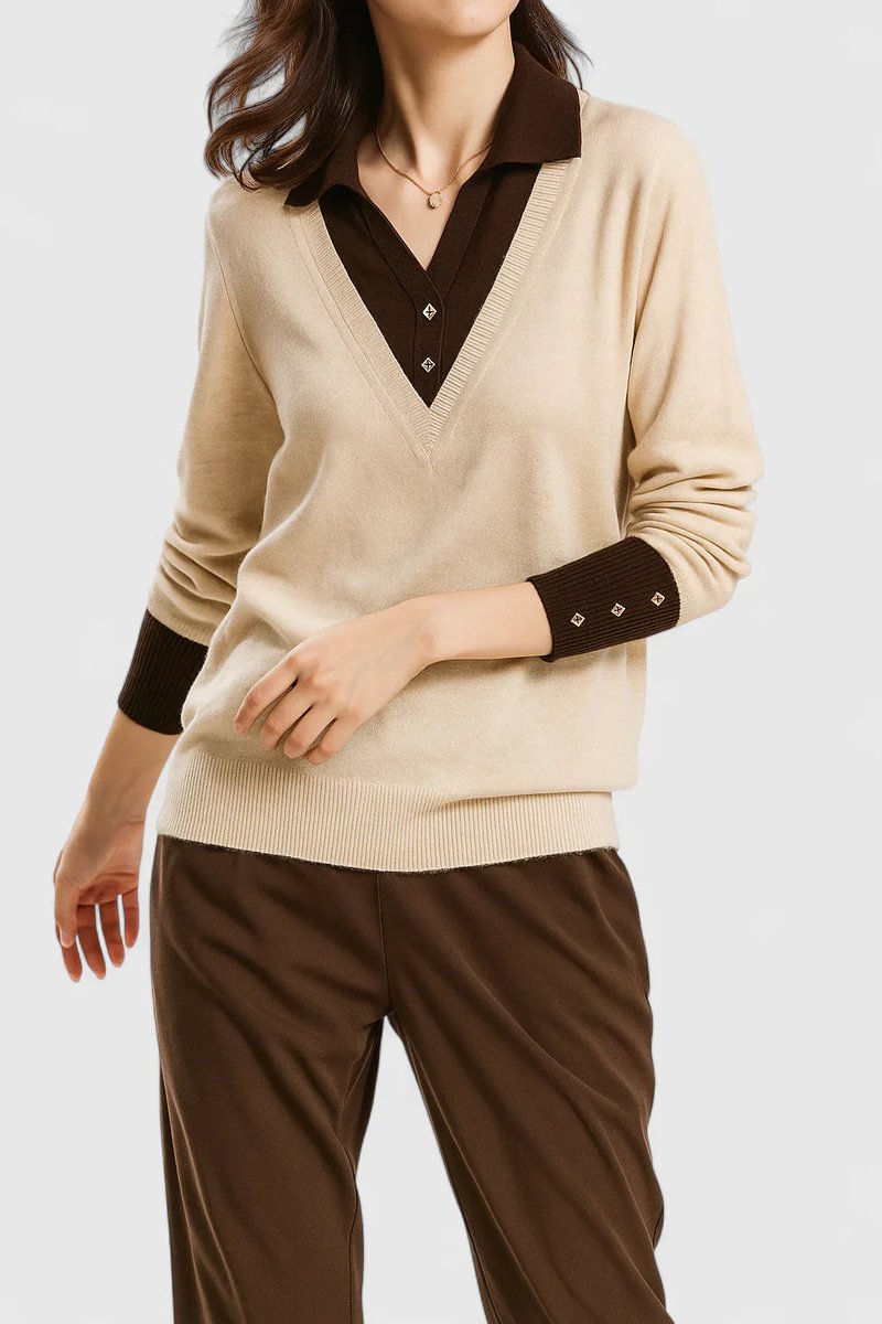 Women's Polo-Collar V-Neck Knit Pullover Sweater Button Cuff