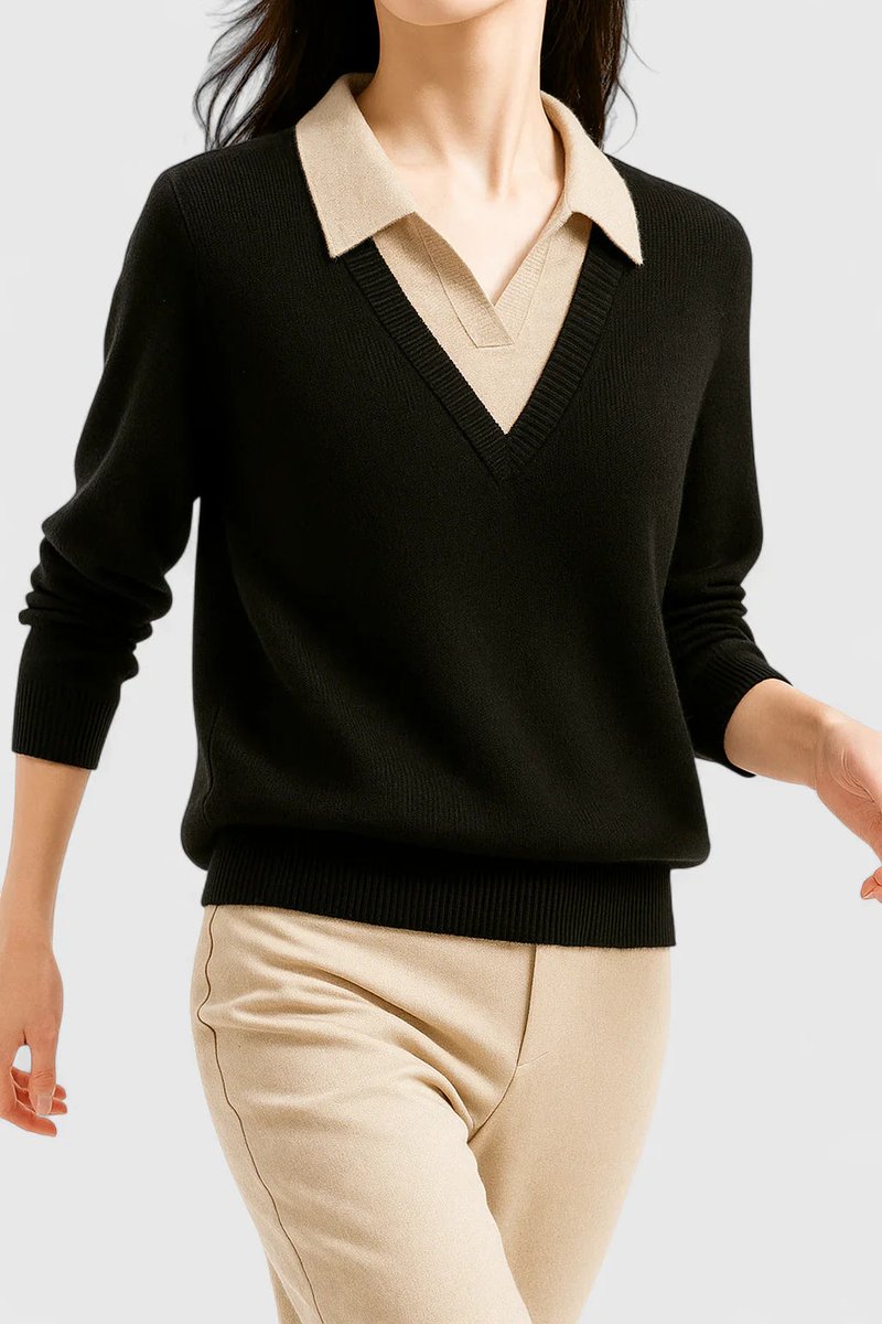 Women's Polo-Collar V-Neck Knit Pullover Sweater Button Cuff