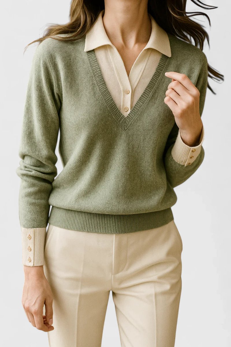 Women's Polo-Collar V-Neck Knit Pullover Sweater Button Cuff