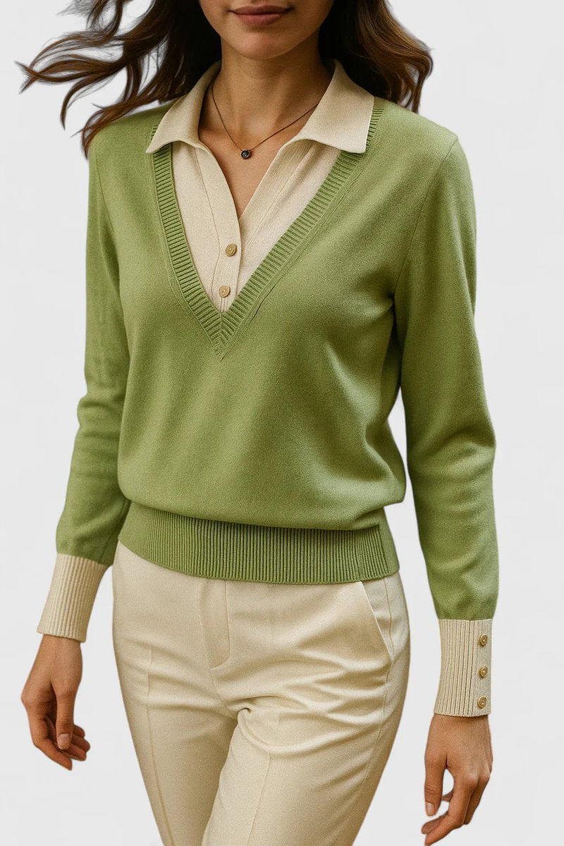 Women's Polo-Collar V-Neck Knit Pullover Sweater Button Cuff