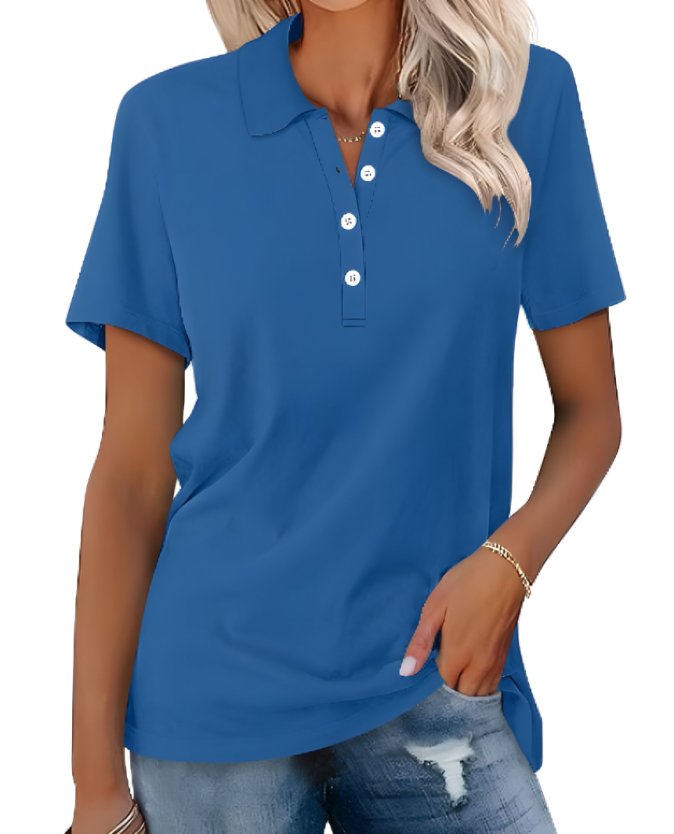 Women's Polo Shirt Classic Pique Short Sleeve Button Collar - Blue