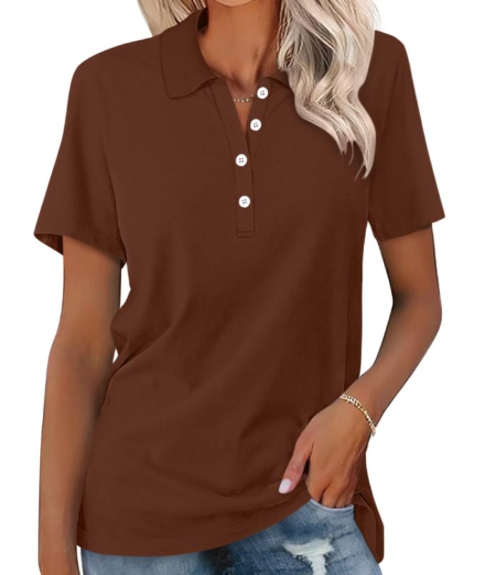 Women's Polo Shirt Classic Pique Short Sleeve Button Collar - Brown