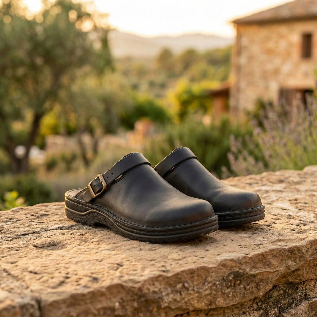 Women's Premium Leather Slip-On Clogs - Black