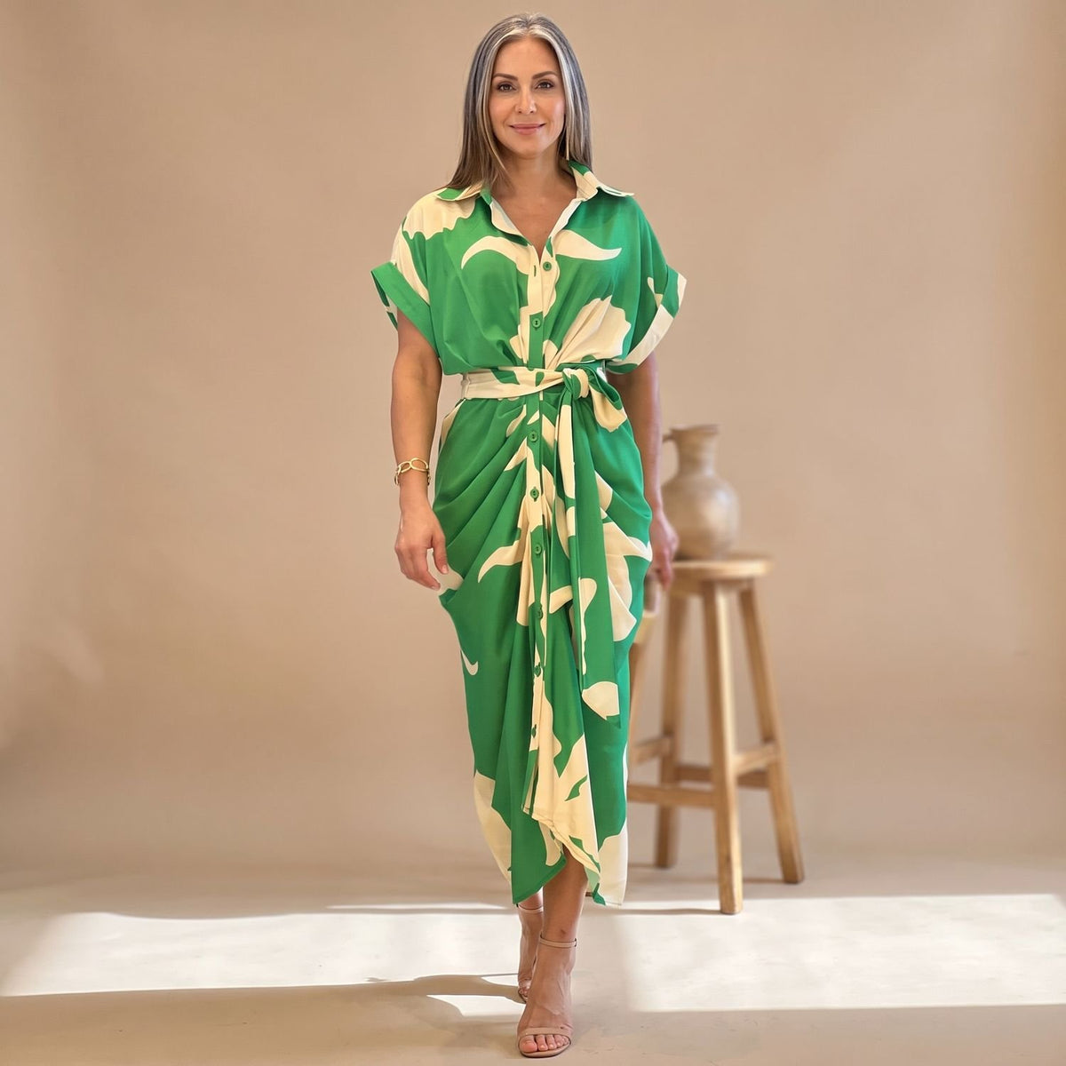 Women's Printed Belted Button-Down Midi Shirt Dress - Green