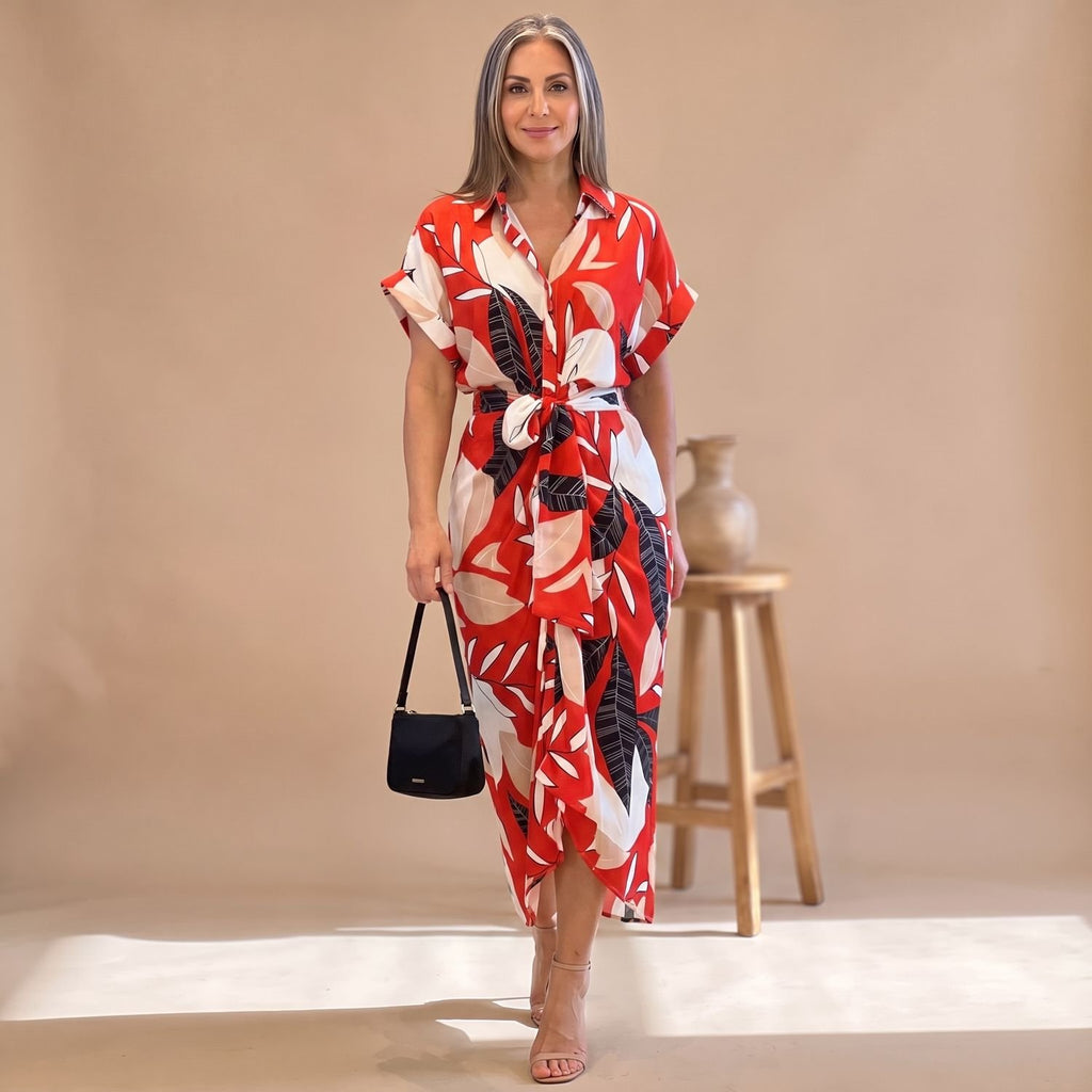 Women's Printed Belted Button-Down Midi Shirt Dress - Red