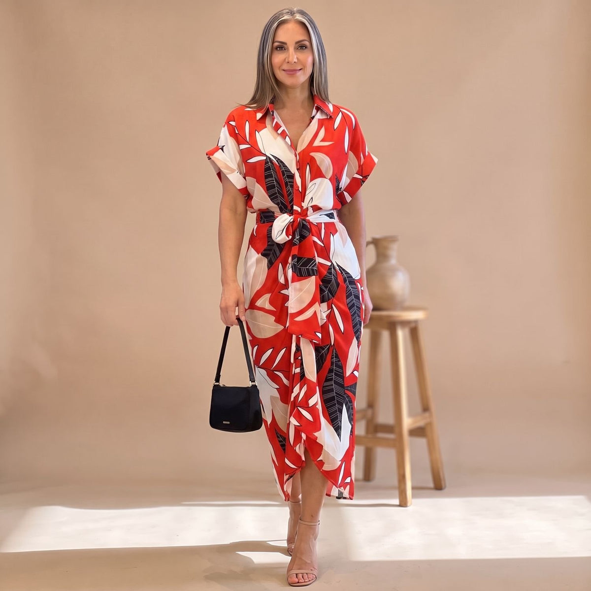 Women's Printed Belted Button-Down Midi Shirt Dress - Red