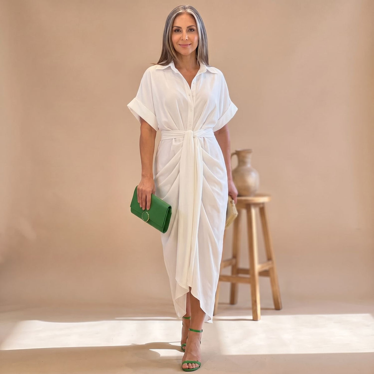 Women's Printed Belted Button-Down Midi Shirt Dress - White