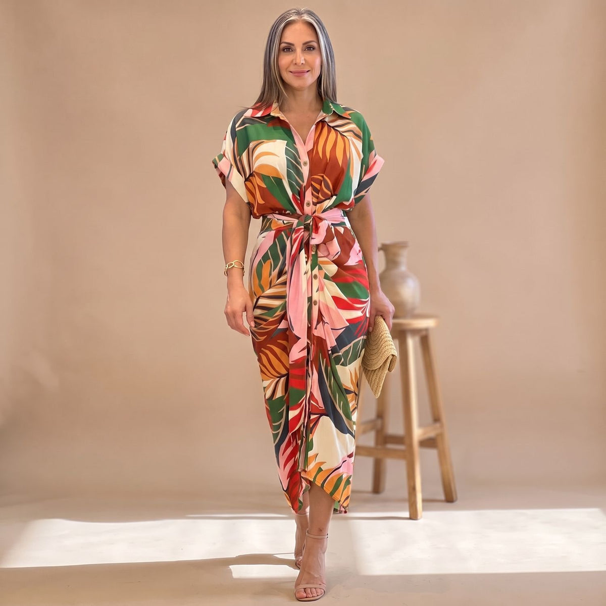 Women's Printed Belted Button-Down Midi Shirt Dress - Multicolor