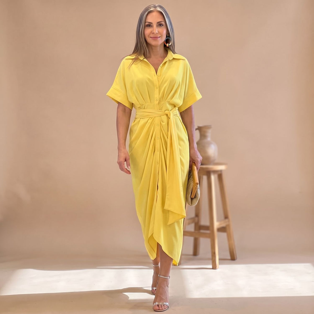 Women's Printed Belted Button-Down Midi Shirt Dress - Yellow