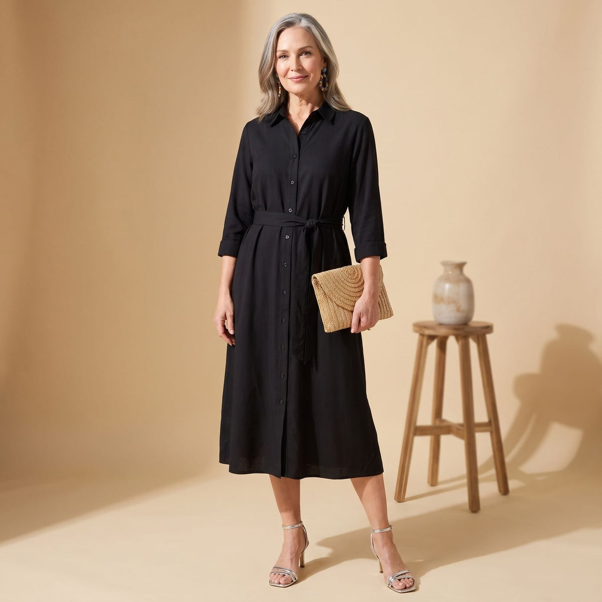Women's Printed Belted Button-Down Midi Shirt Dress - Black