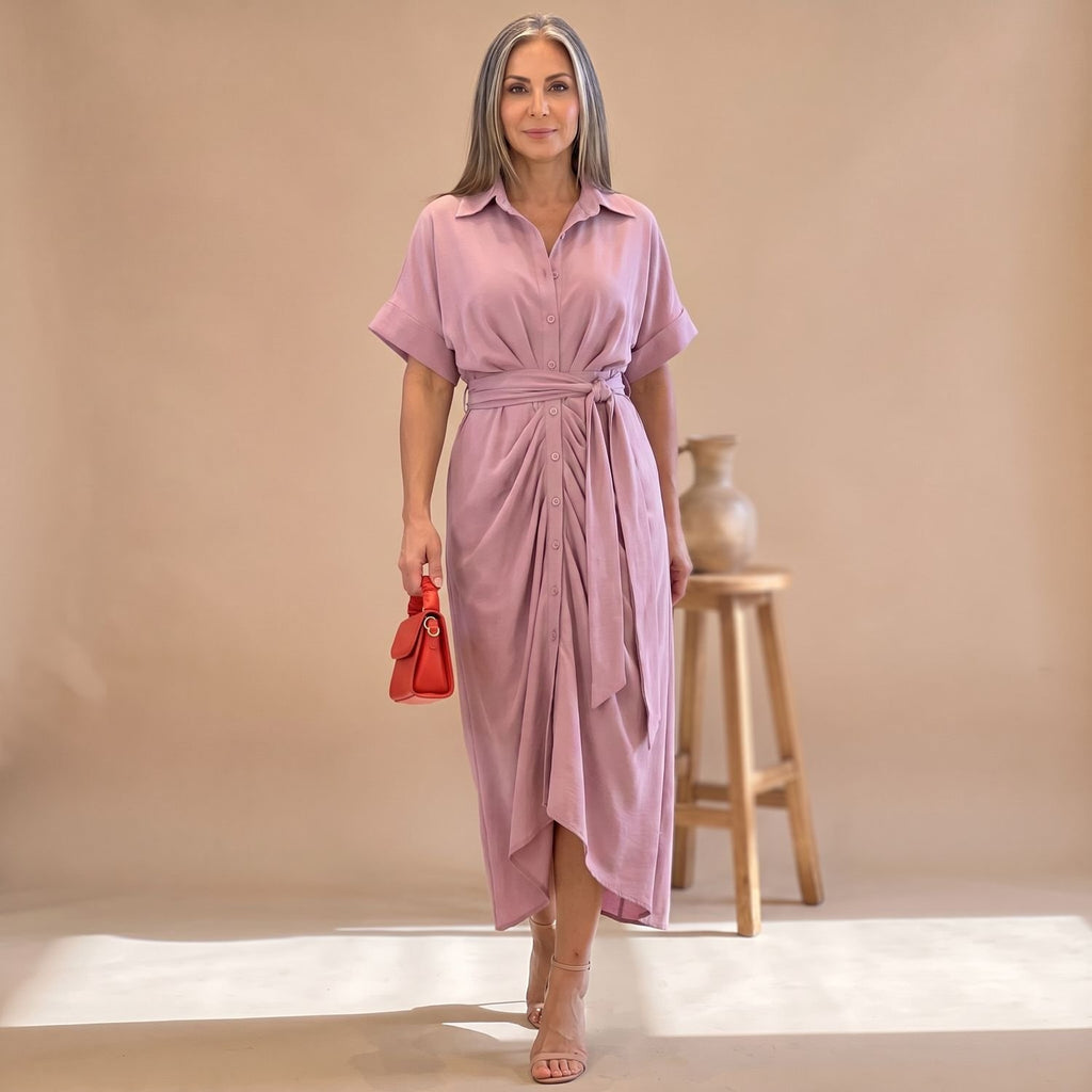 Women's Printed Belted Button-Down Midi Shirt Dress - Pink