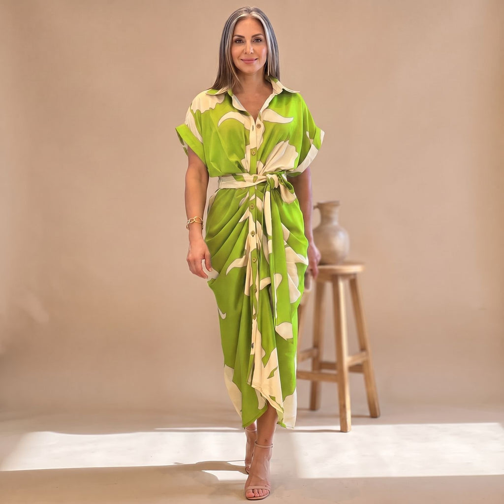 Women's Printed Belted Button-Down Midi Shirt Dress - Light Green
