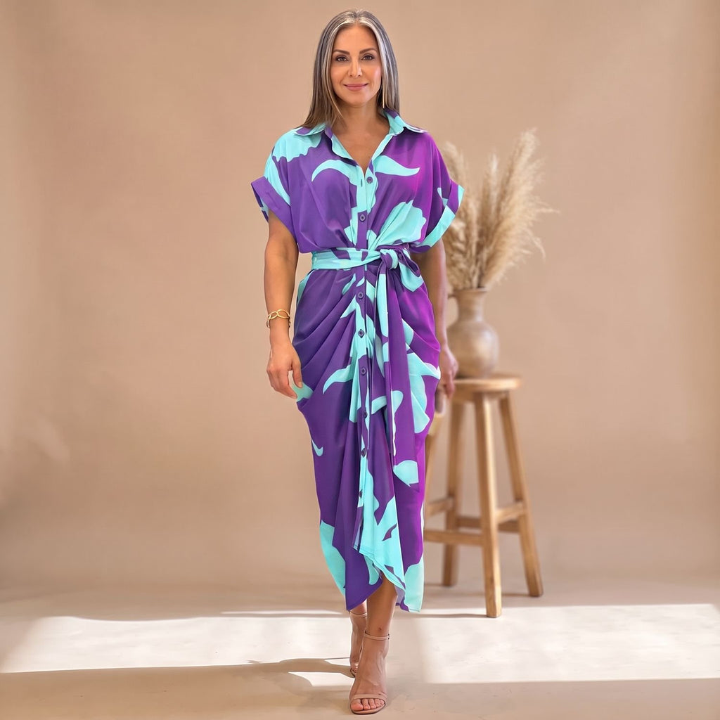 Women's Printed Belted Button-Down Midi Shirt Dress - Purple