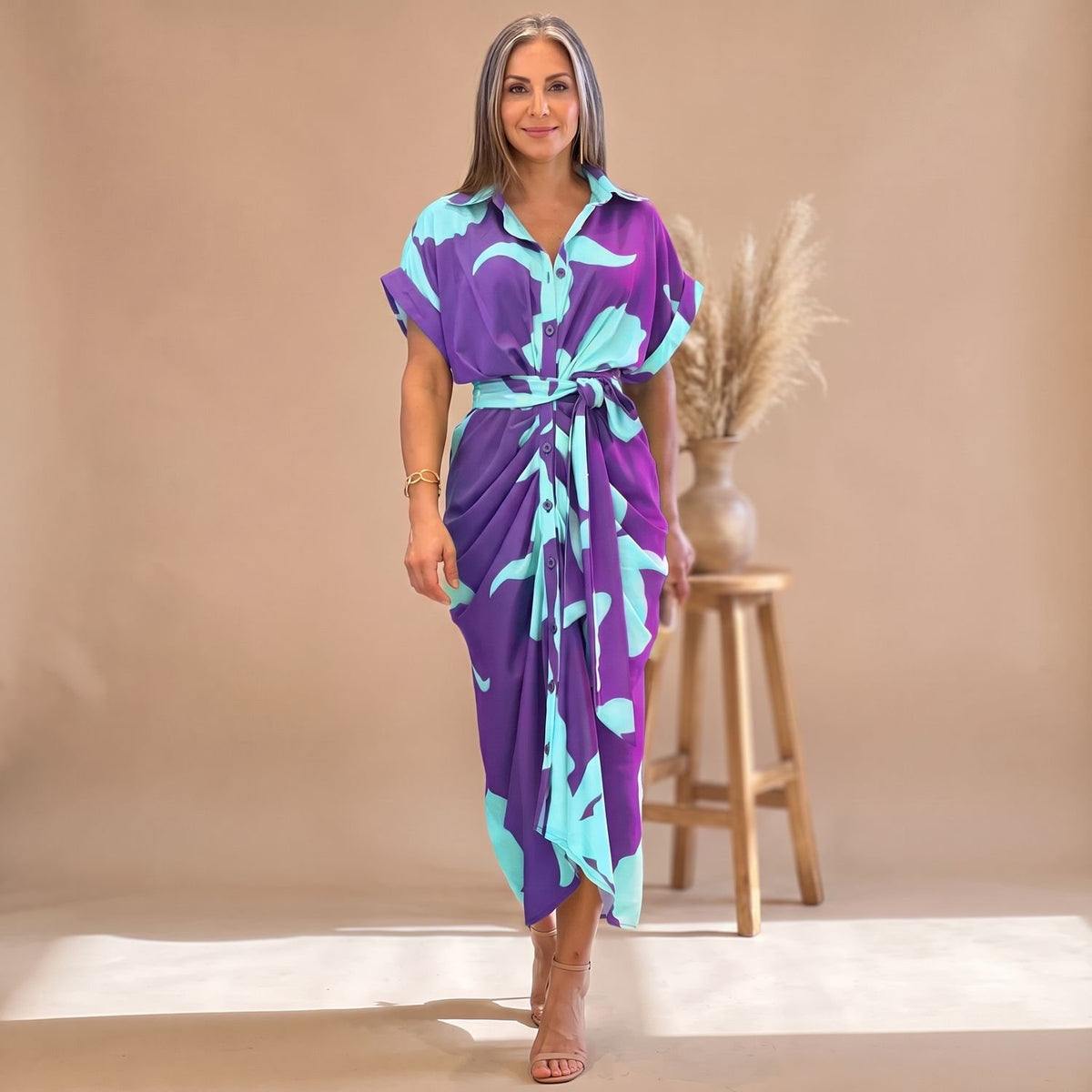 Women's Printed Belted Button-Down Midi Shirt Dress - Purple