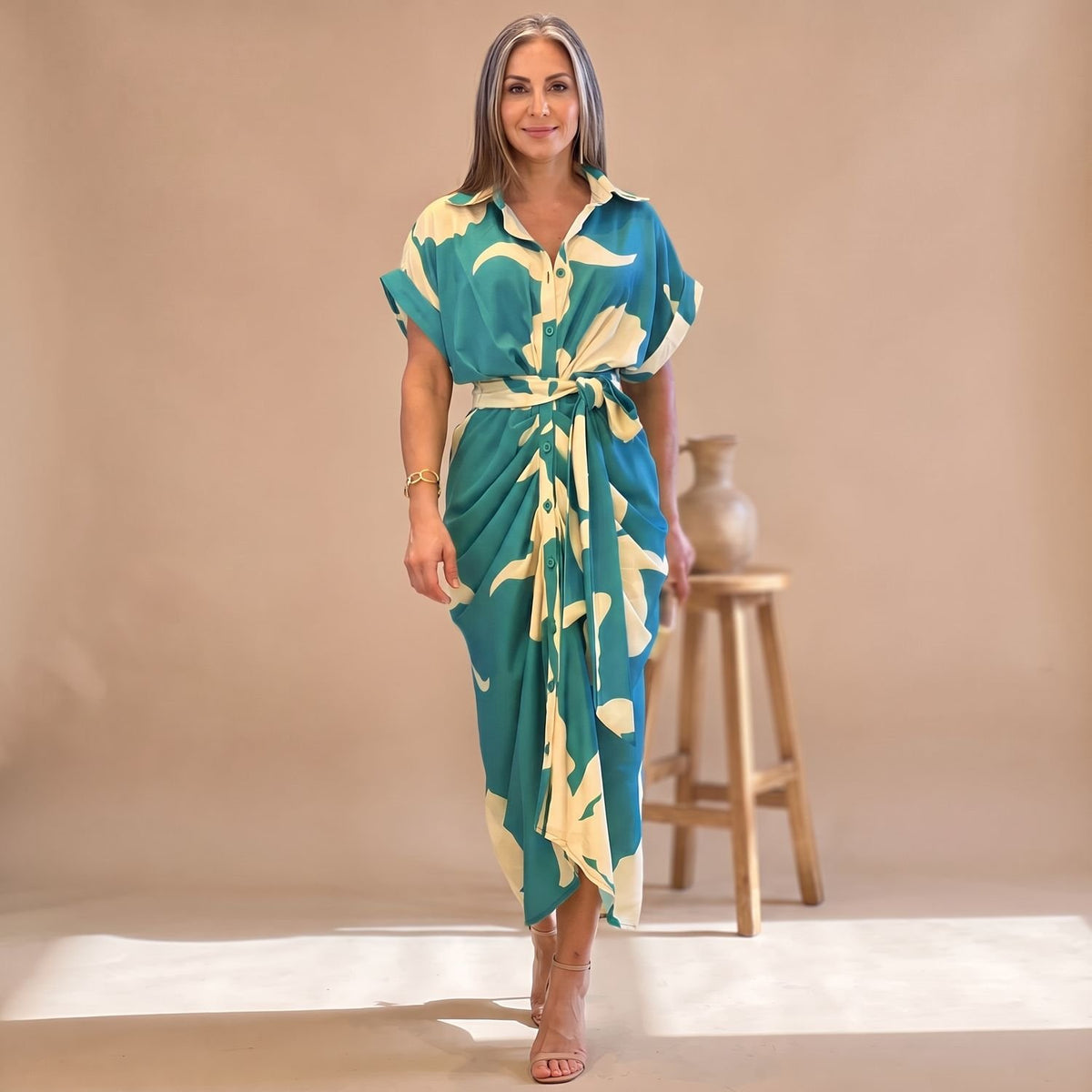 Women's Printed Belted Button-Down Midi Shirt Dress - Blue