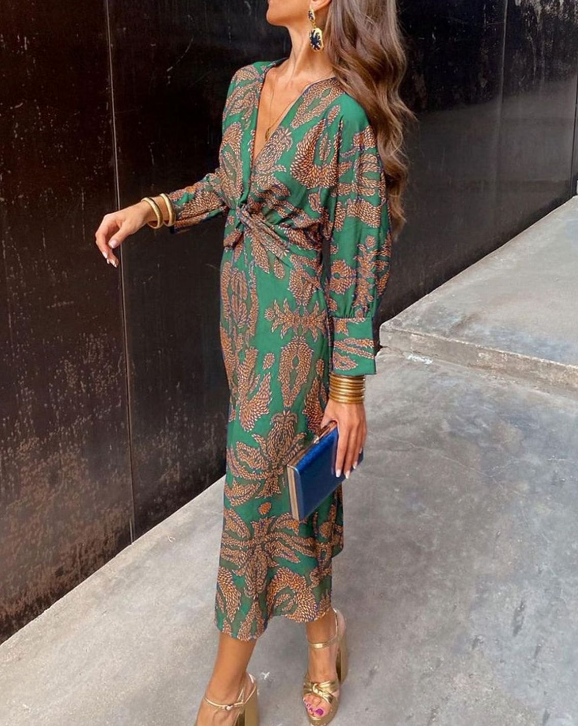 Women's Printed V-Neck Long Sleeve Knotted Maxi Dress - Green