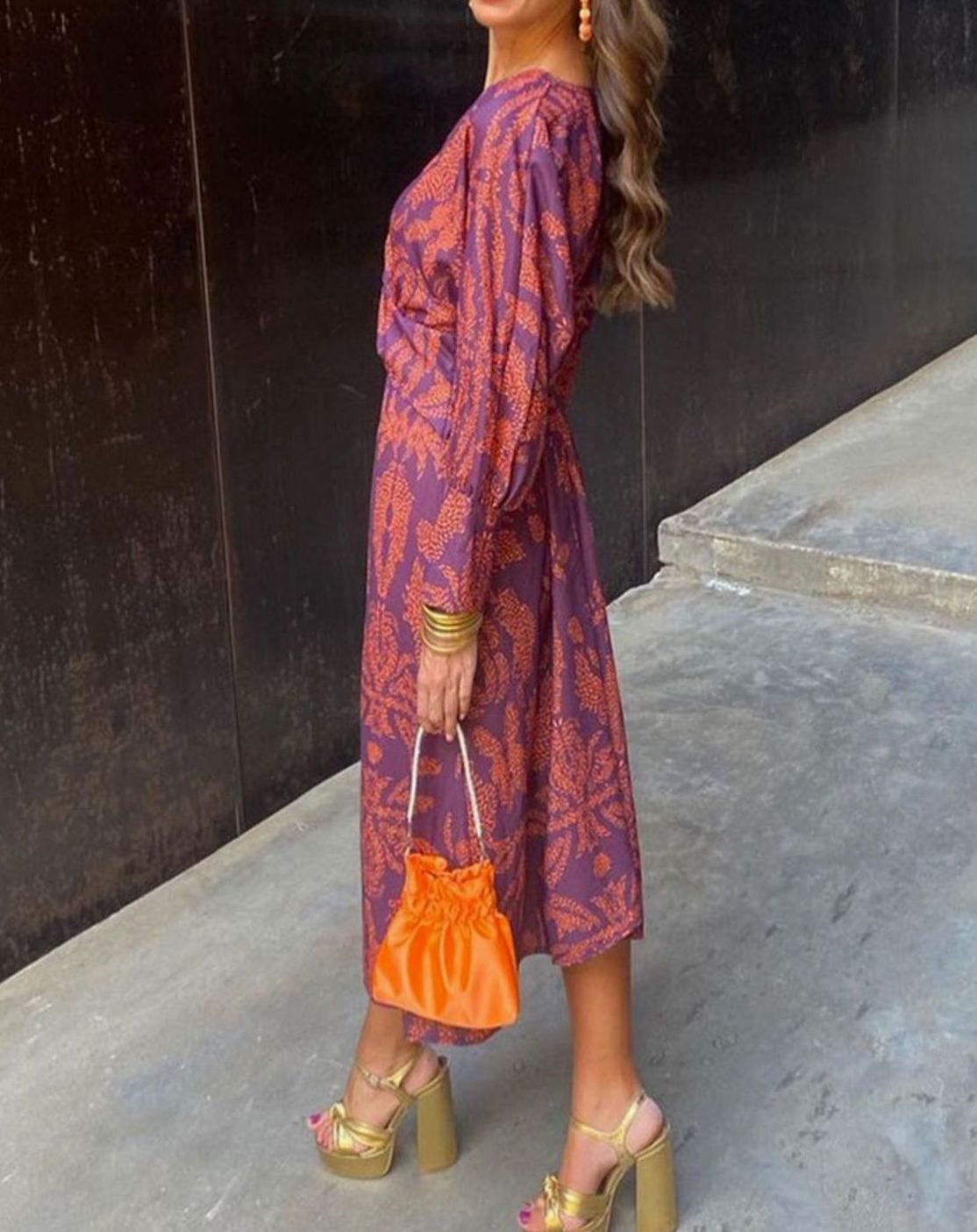 Women's Printed V-Neck Long Sleeve Knotted Maxi Dress - Purple