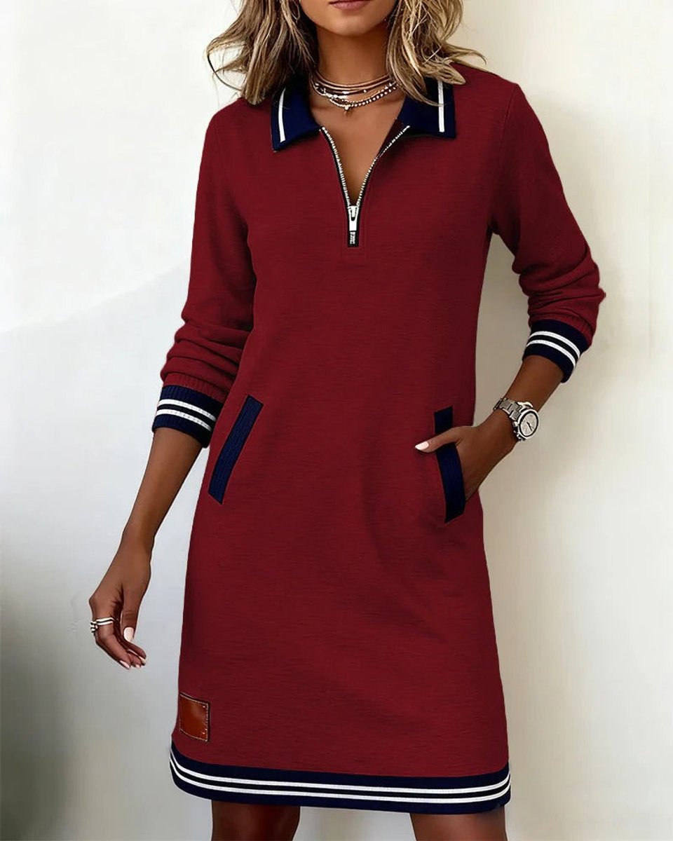 Women's Quarter-Zip Polo Long Sleeve Dress Striped-Trim