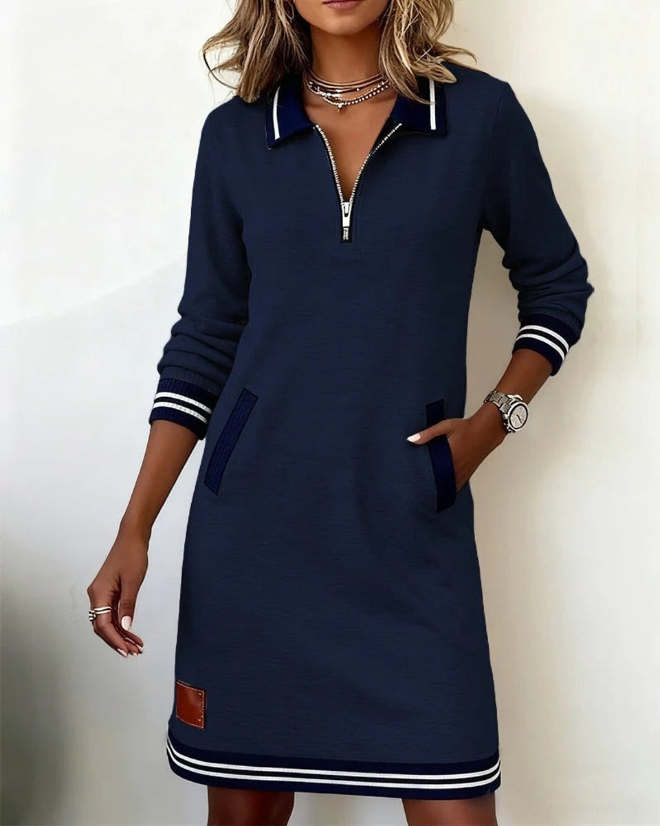 Women's Quarter-Zip Polo Long Sleeve Dress Striped-Trim