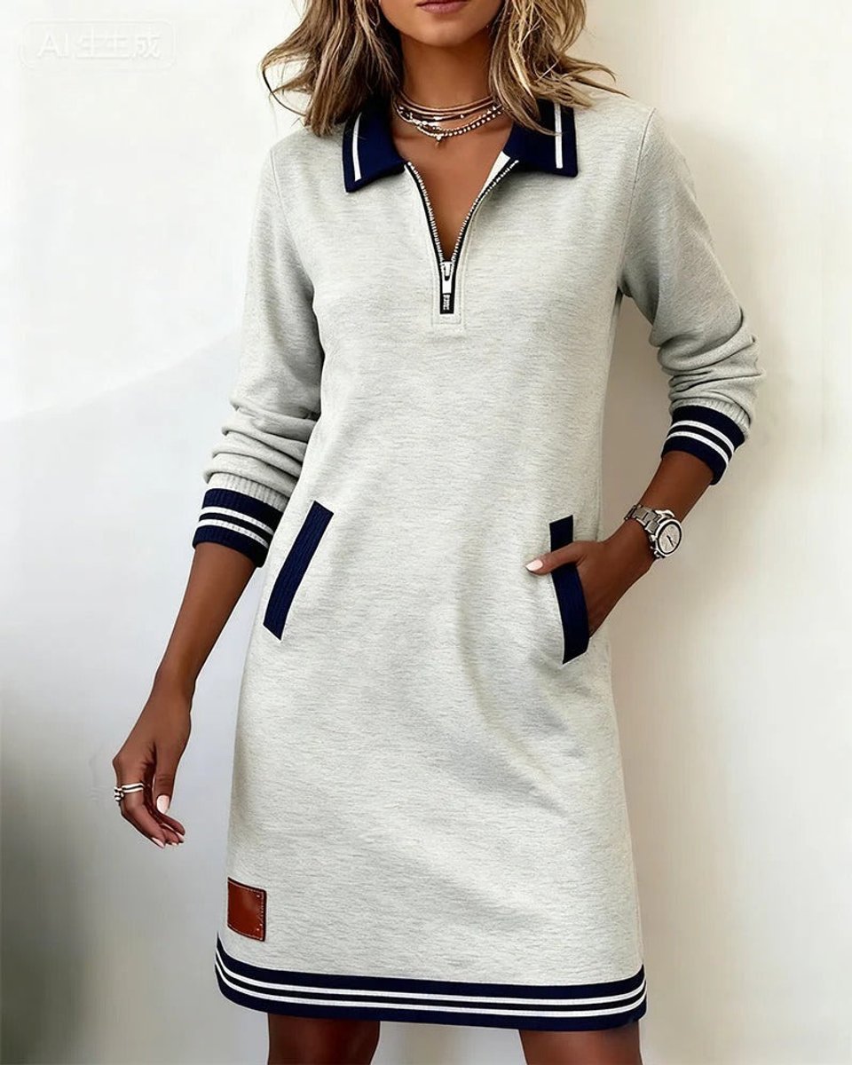 Women's Quarter-Zip Polo Long Sleeve Dress Striped-Trim - Gray