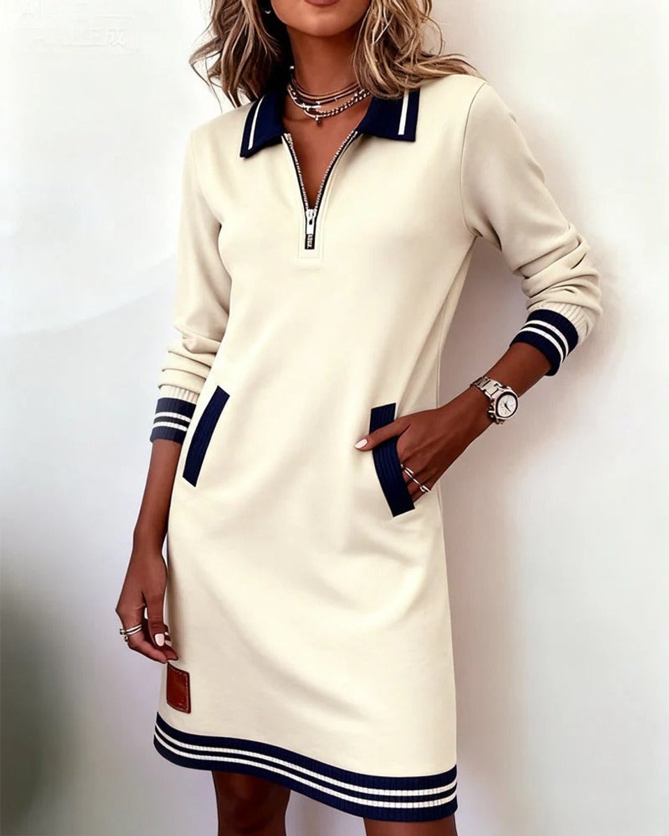 Women's Quarter-Zip Polo Long Sleeve Dress Striped-Trim - White