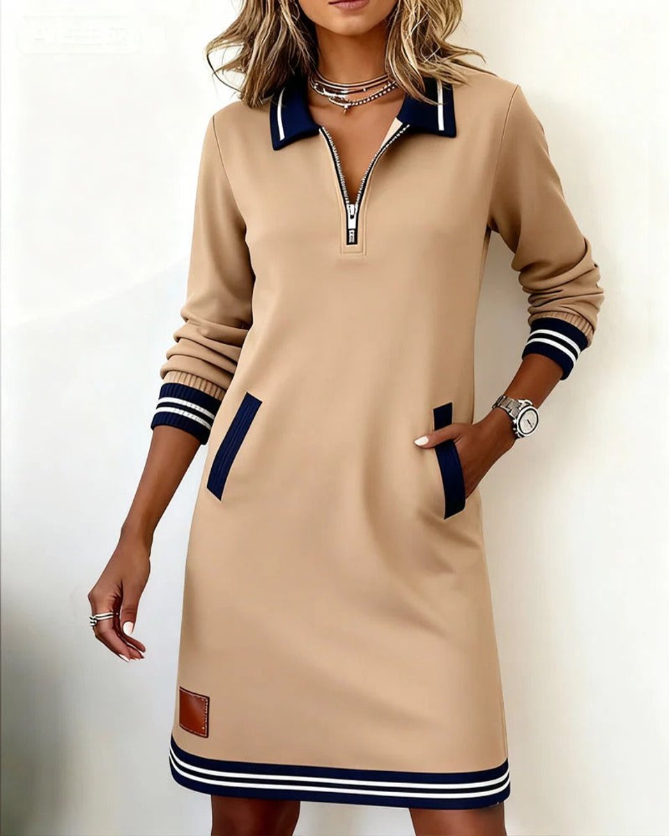 Women's Quarter-Zip Polo Long Sleeve Dress Striped-Trim - Beige