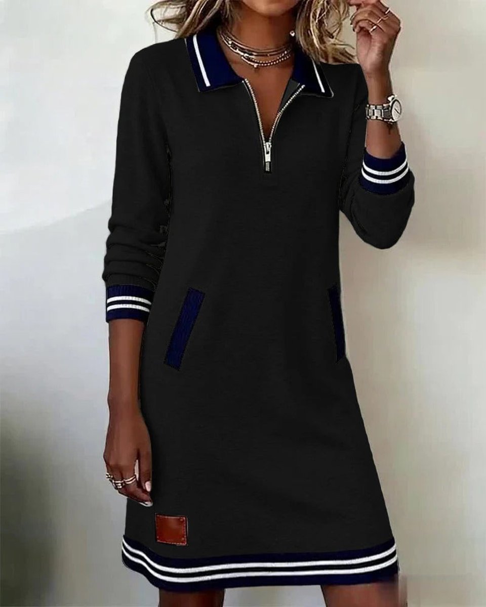 Women's Quarter-Zip Polo Long Sleeve Dress Striped-Trim