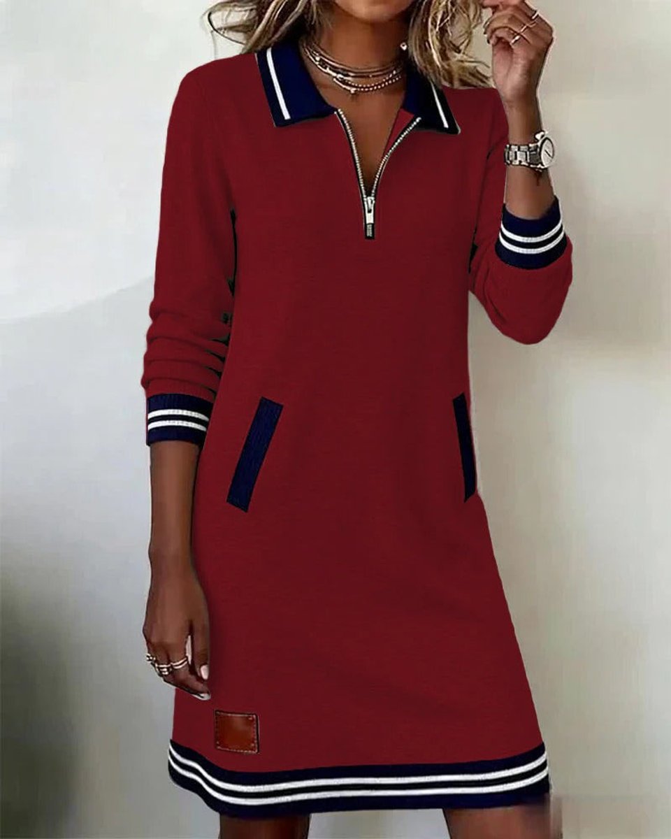 Women's Quarter-Zip Polo Long Sleeve Dress Striped-Trim