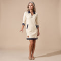 Women's Quarter-Zip Polo Sweater Dress Long-Sleeve Striped-Trim - White
