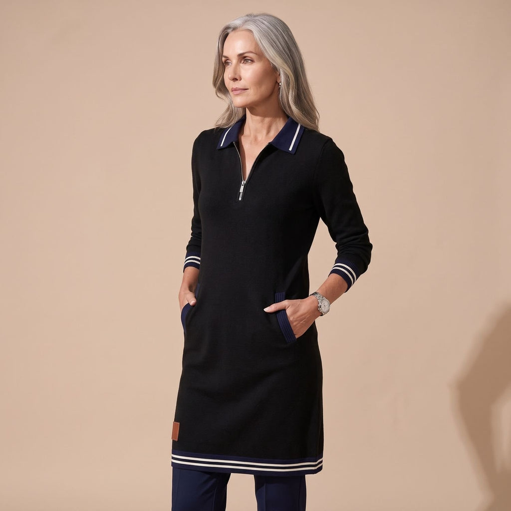 Women's Quarter-Zip Polo Sweater Dress Long-Sleeve Striped-Trim - Black