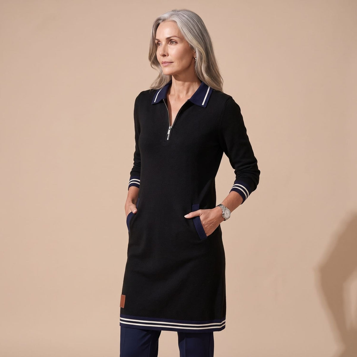 Women's Quarter-Zip Polo Sweater Dress Long-Sleeve Striped-Trim - Black