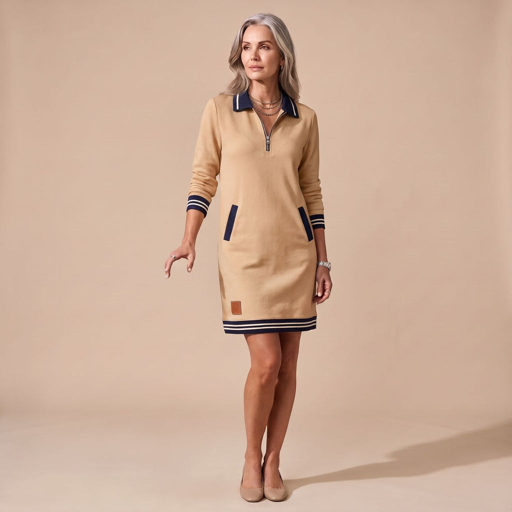 Women's Quarter-Zip Polo Sweater Dress Long-Sleeve Striped-Trim - Khaki